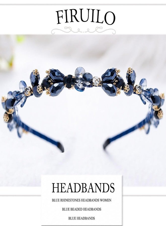 Firuilo Blue Headbands Rhinestones Thin Hair Bands Sparkle Crystal Beaded Head Bands for Women(Blue) - Image 2